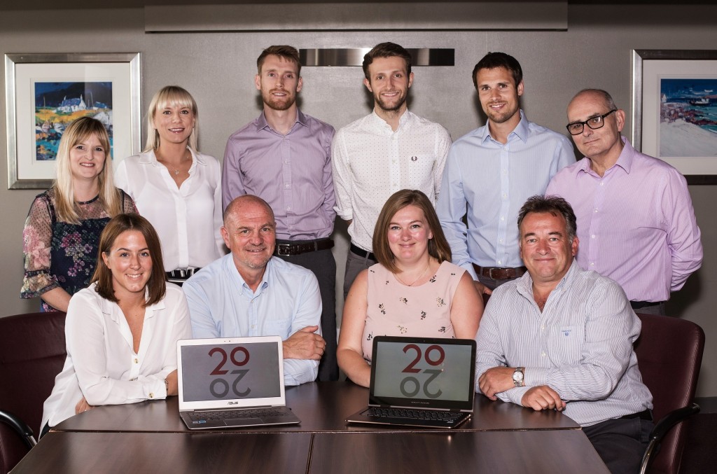 20/20 Business Insight of Aberdeen. (back row left to right) Karen Brown, Emma Hart, Jamie Birse, Jacob Bonner, Business Development Director Tom Vincent, and Operations Director Neil Harkin. (front row left to right) Emma Davidson, Service Delivery Director Graham Chapman, Finance Director Mandy Buck,  and CEO Tony Marks. Taken 15-08-18