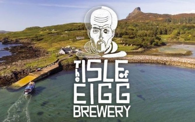 Picture of Isle of Eigg with logo of Isle of Eigg Brewery in front of it