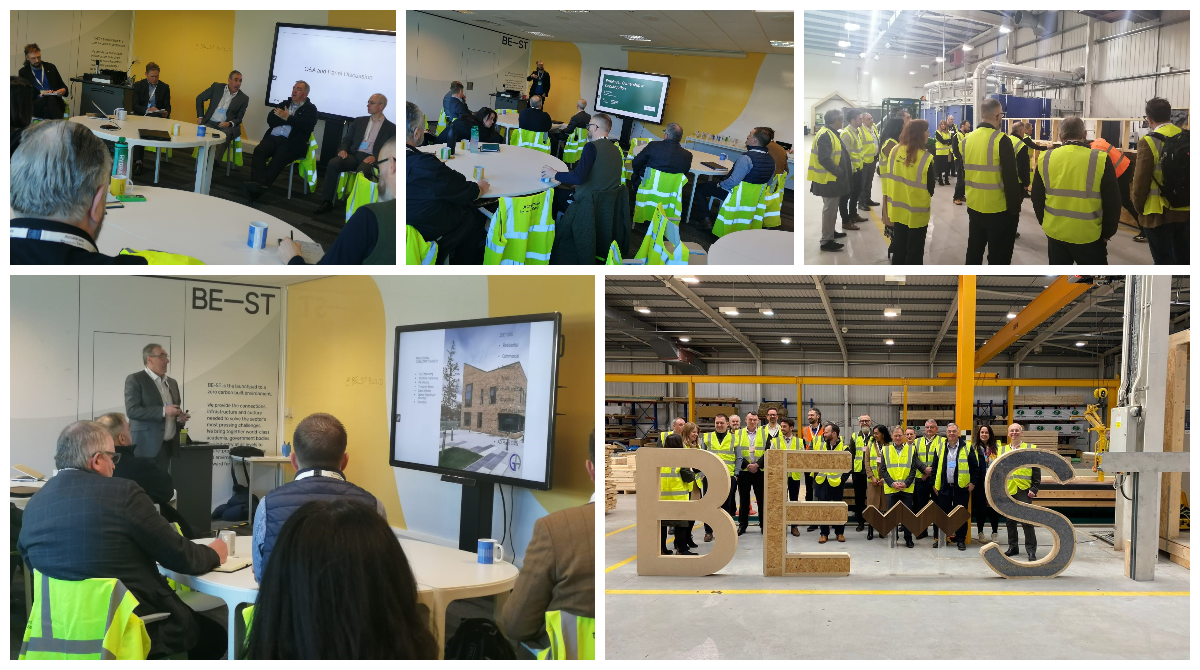 Collage of photos including guided tour of construction facilites, audience watching a presentation and group photo next to BEST sign.