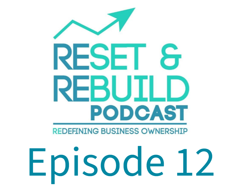 Text stating: Reset and Rebuild podcast. Redefining Business Ownership. Episodes 12