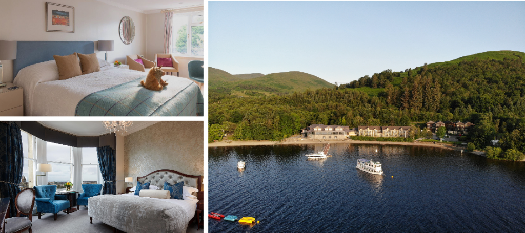 Collage of photos showing beach t loch Lomond with Lodge on the Loch in the back ground., tow pictures showing hotel rooms