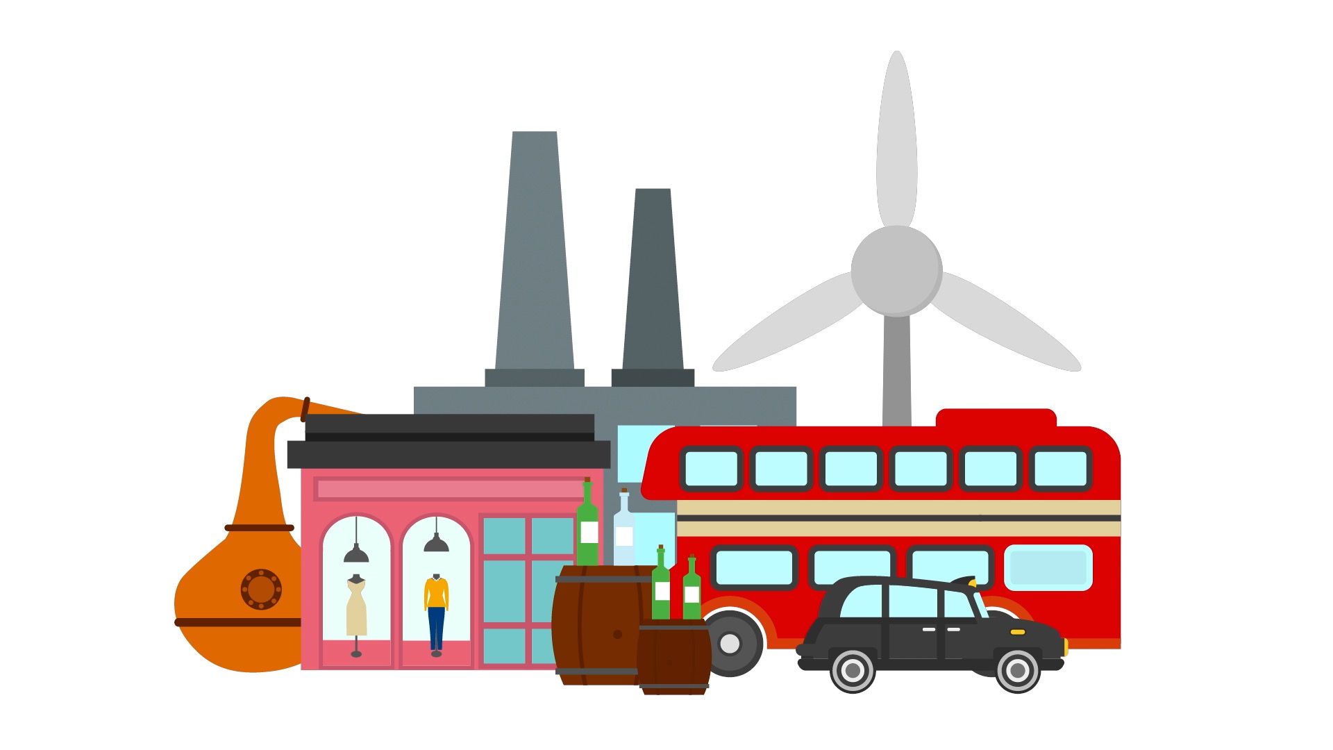 Graphic of distillery, shop, factory, bus, taxi and wind turbine. 