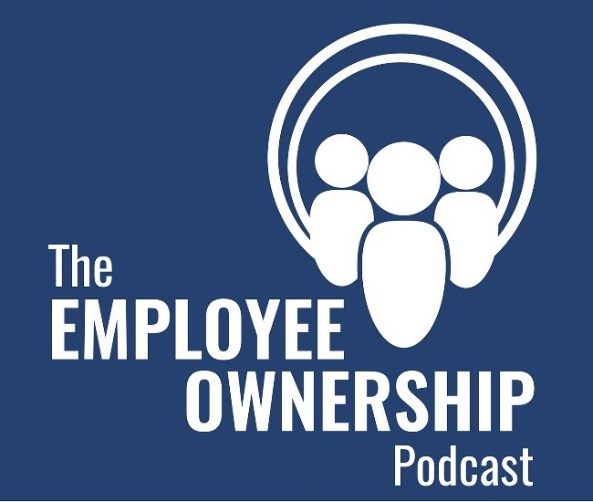 Text stating employee ownership podcast on blue background. White icon of three people in top left corner.