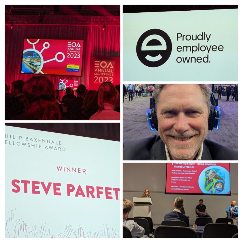 Collage of event pictures featuring stage with presentation, proudly employee owned logo and Glen Dott.